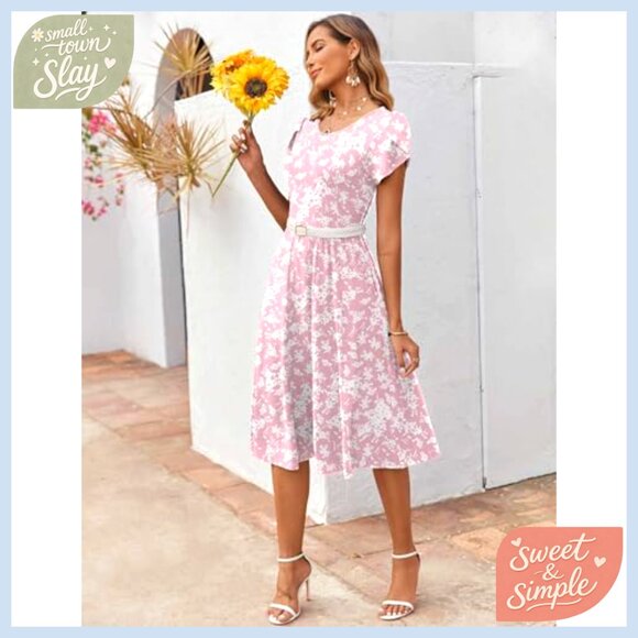 Short Sleeve Midi Dress Flowy A-Line Casual Summer Sundress with Pockets - Picture 5 of 7